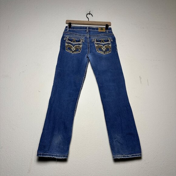 Western Blue Denim Jean Pant Women 30 Blue Embroidered Indie Rock Riding Bootcut - Picture 2 of 15